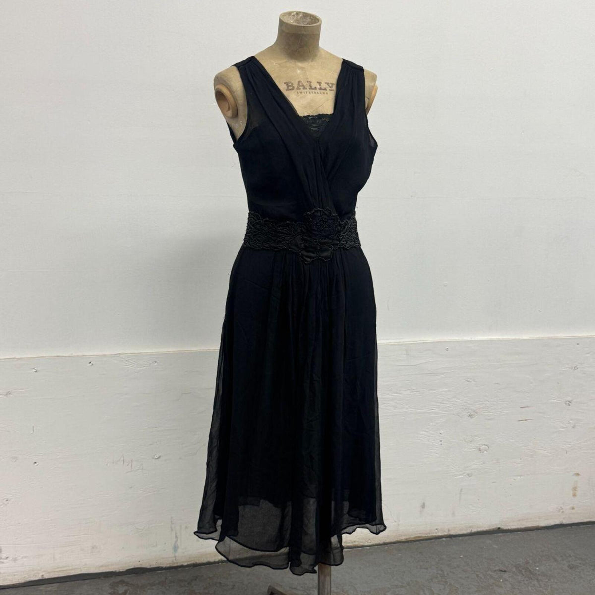 Vintage Black Beaded Silk & Lace Cocktail Dress
