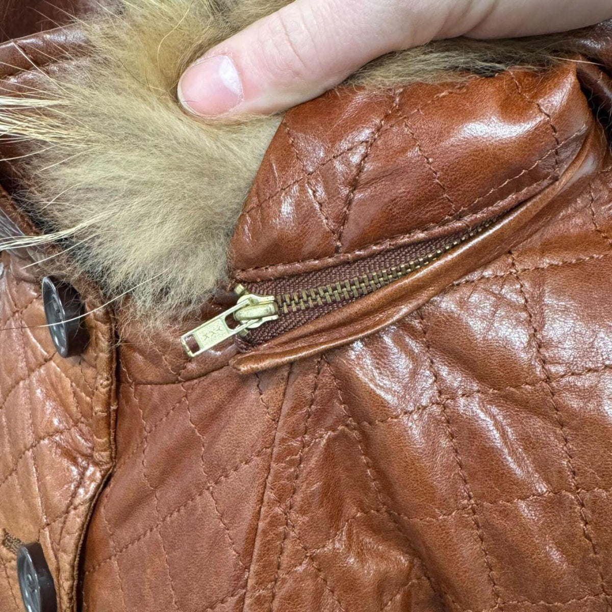 Vintage Cognac Brown Longline Detachable Hood Quilted Leather Jacket