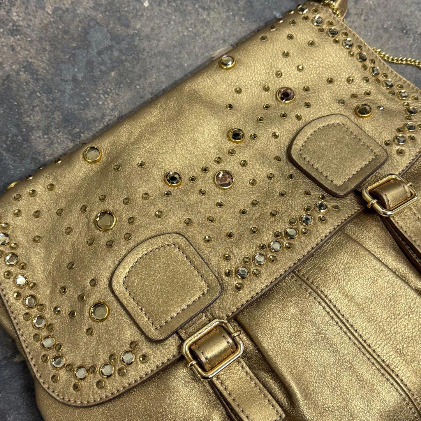 Y2K Gold Vintage Sonia Rykiel Embellished Leather Shoulder Bag
