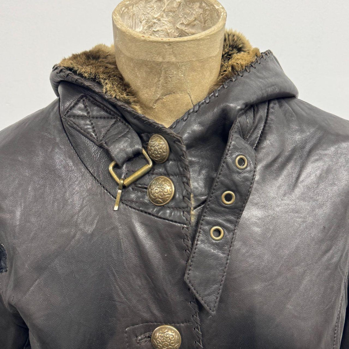 Vintage Y2K SINBOS Leather and Rabbit Fur Hooded Utility Trench Parka