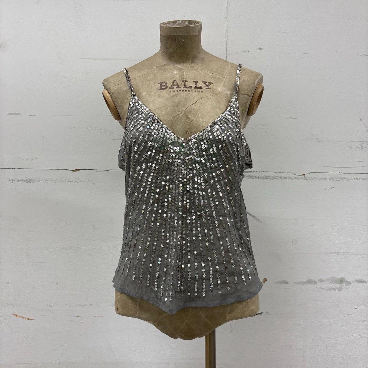 Vintage Pink Soda 100% Silk Silver Sequin Star Top