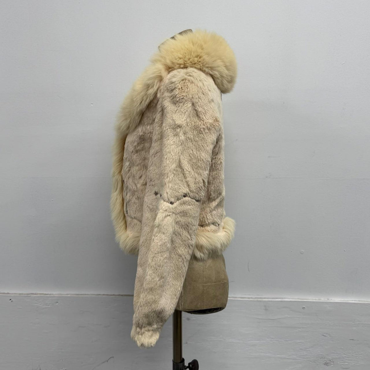 Vintage Y2K Cream Peach Rabbit & Fox Fur Jacket w Rhinestone Details Coat