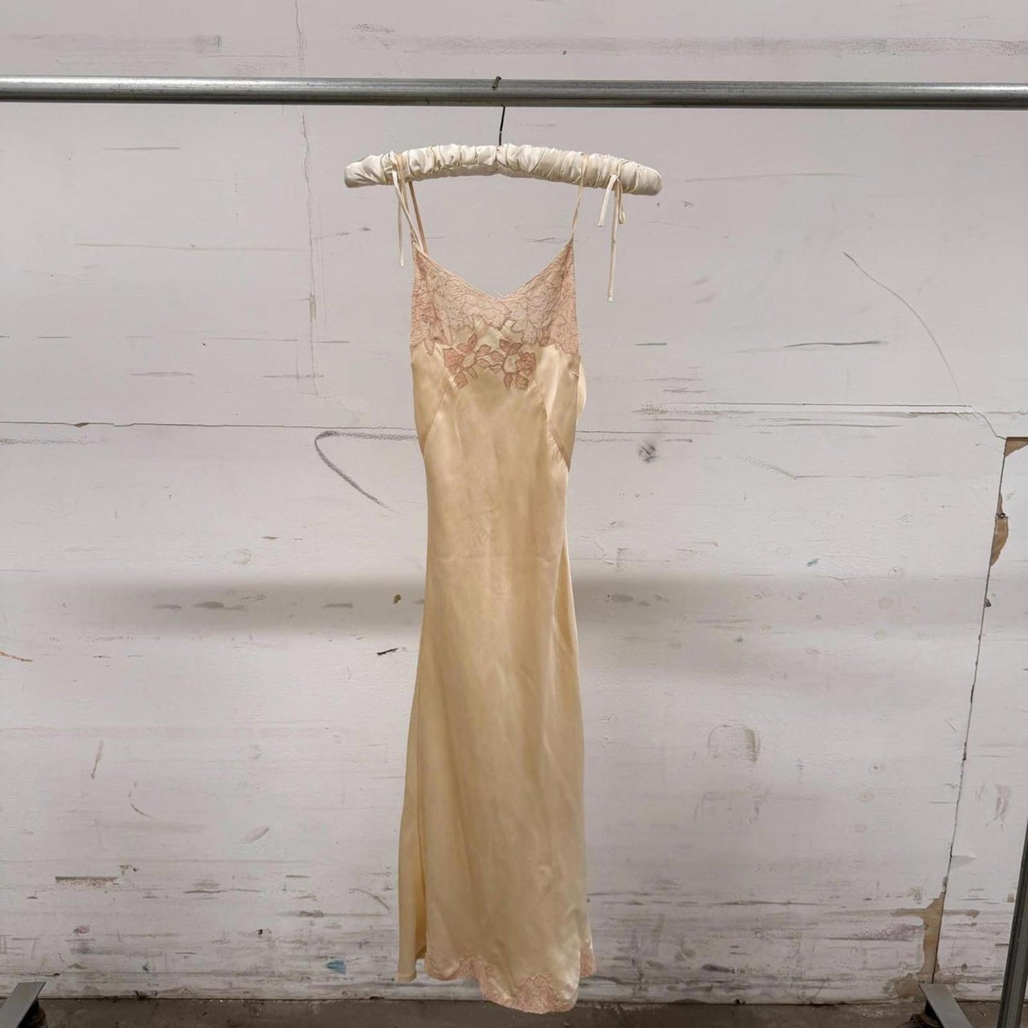 Vintage 1930s Cream Silk Satin Slip Dress Bias Cut Floral