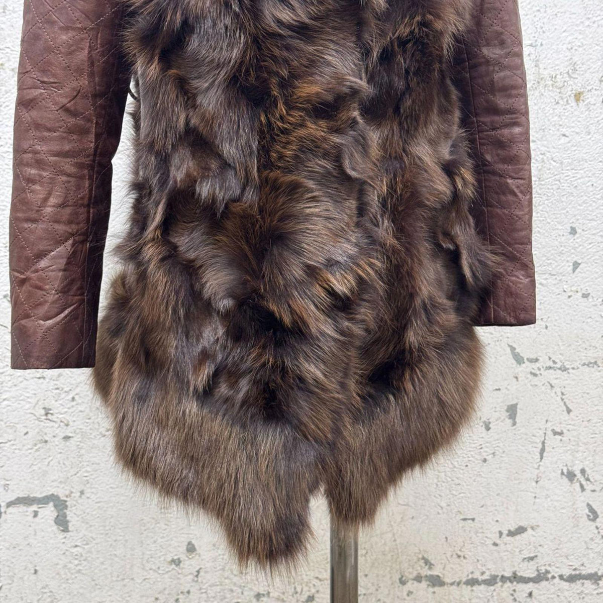 Vintage Brown Y2K Real Quilted Leather & Fox Fur Jacket Coat