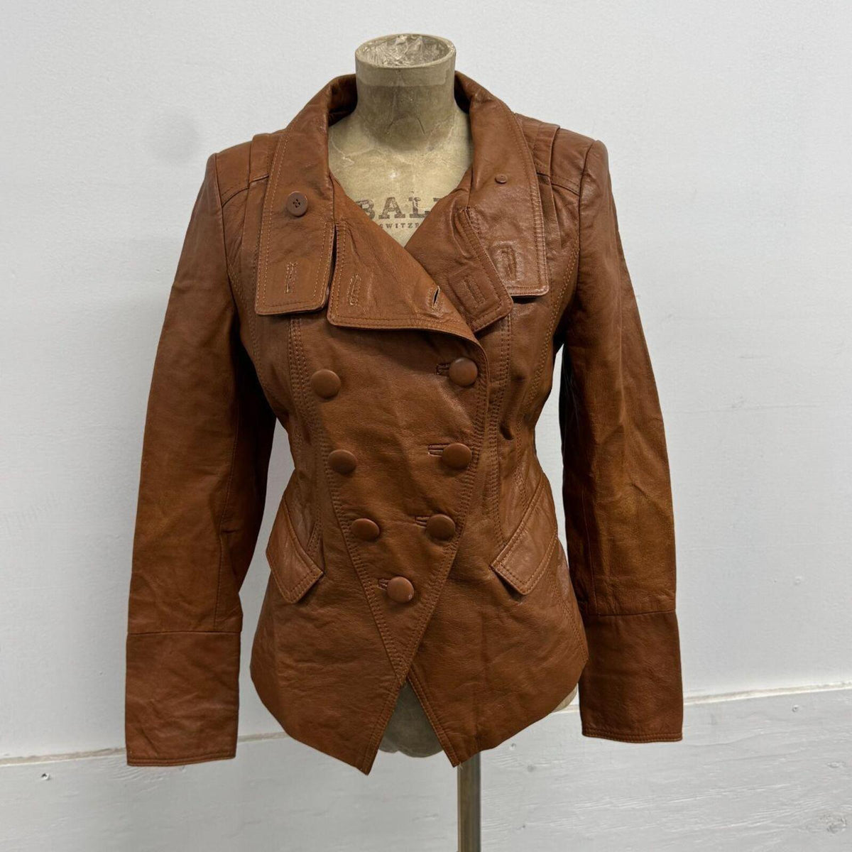 Vintage Cognac Brown Military Funnel Neck Leather Jacket