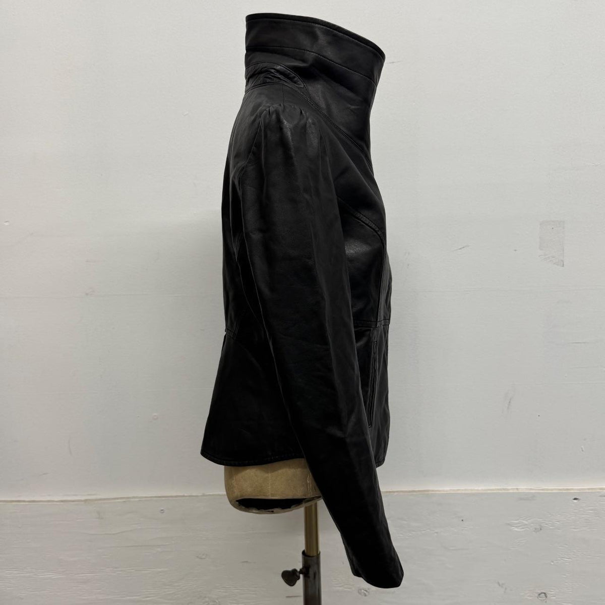 Vintage Black Funnel Neck Asymmetric Avant Garde Leather Jacket
