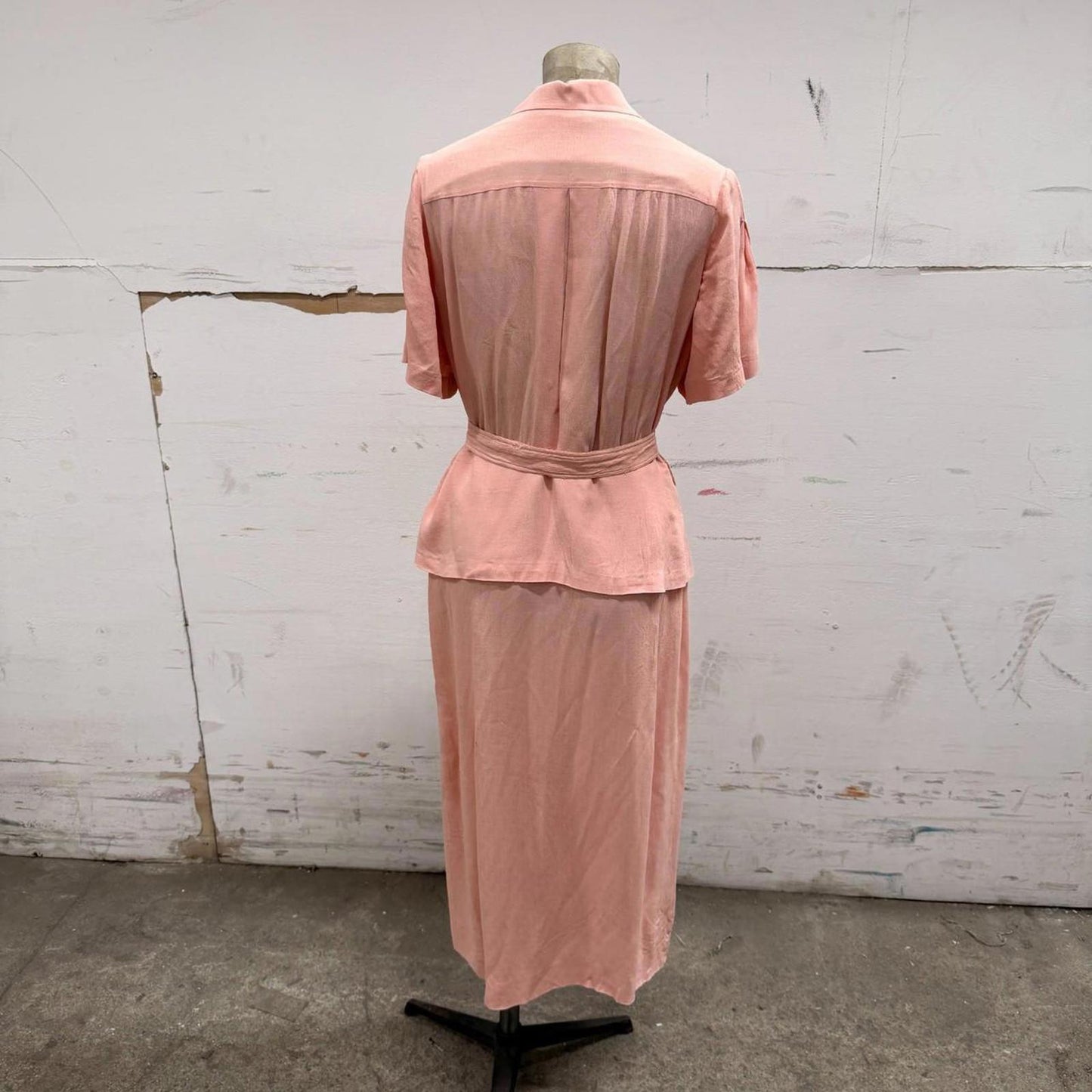 Vintage Early 1930s Peach Pink Rayon Crepe Wedding Dress w/ Original Belt