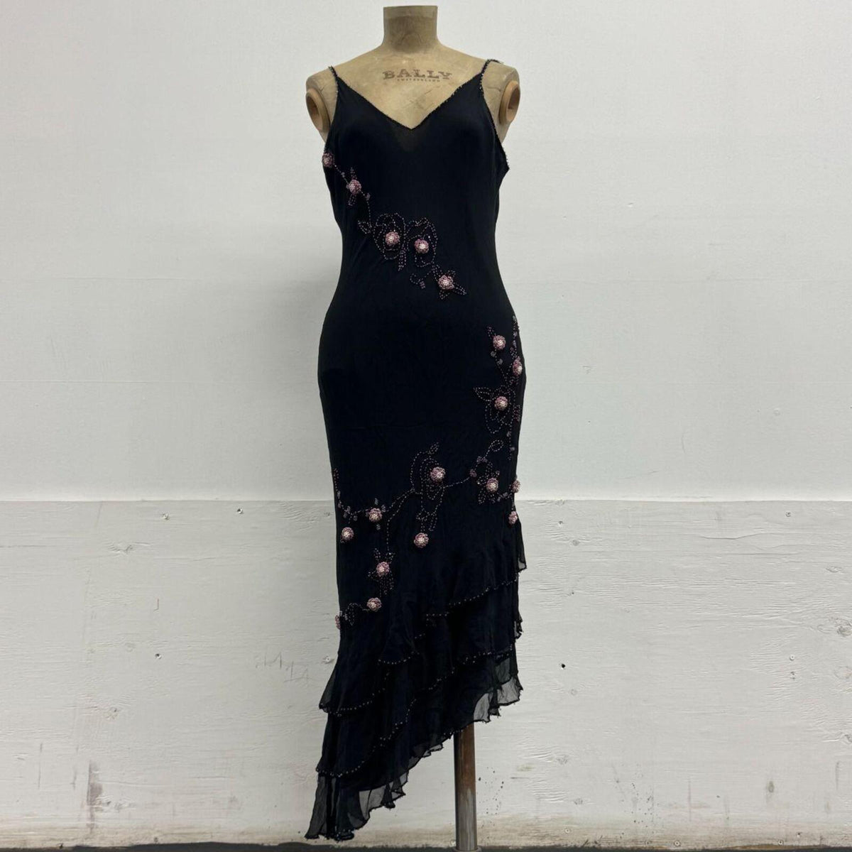 Vintage Y2K I.C.E. 3D Beaded Floral Black Silk Midi Dress