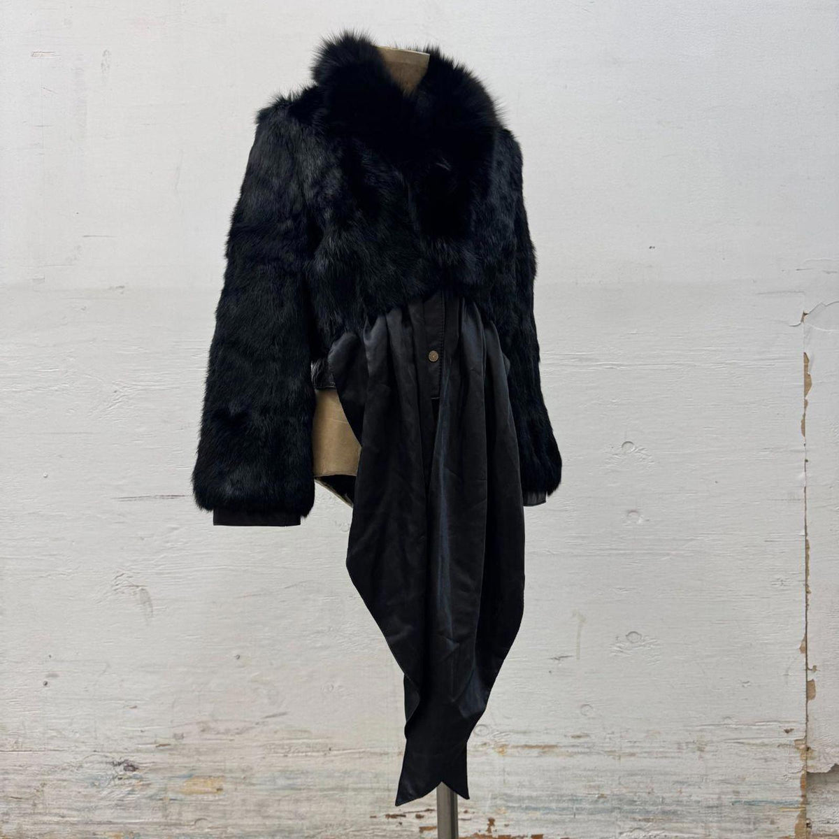 Vintage Y2K Cropped Satin Waist Tie Rabbit Fur & Leather Jacket Coat