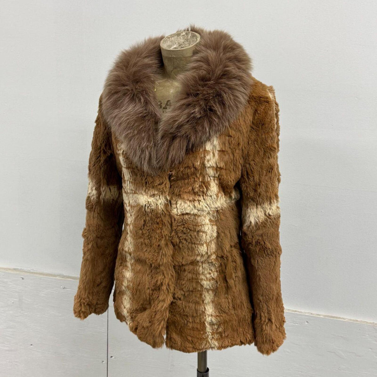 Vintage Cross Stripe Cognac Brown Rabbit & Fox Fur Jacket Coat