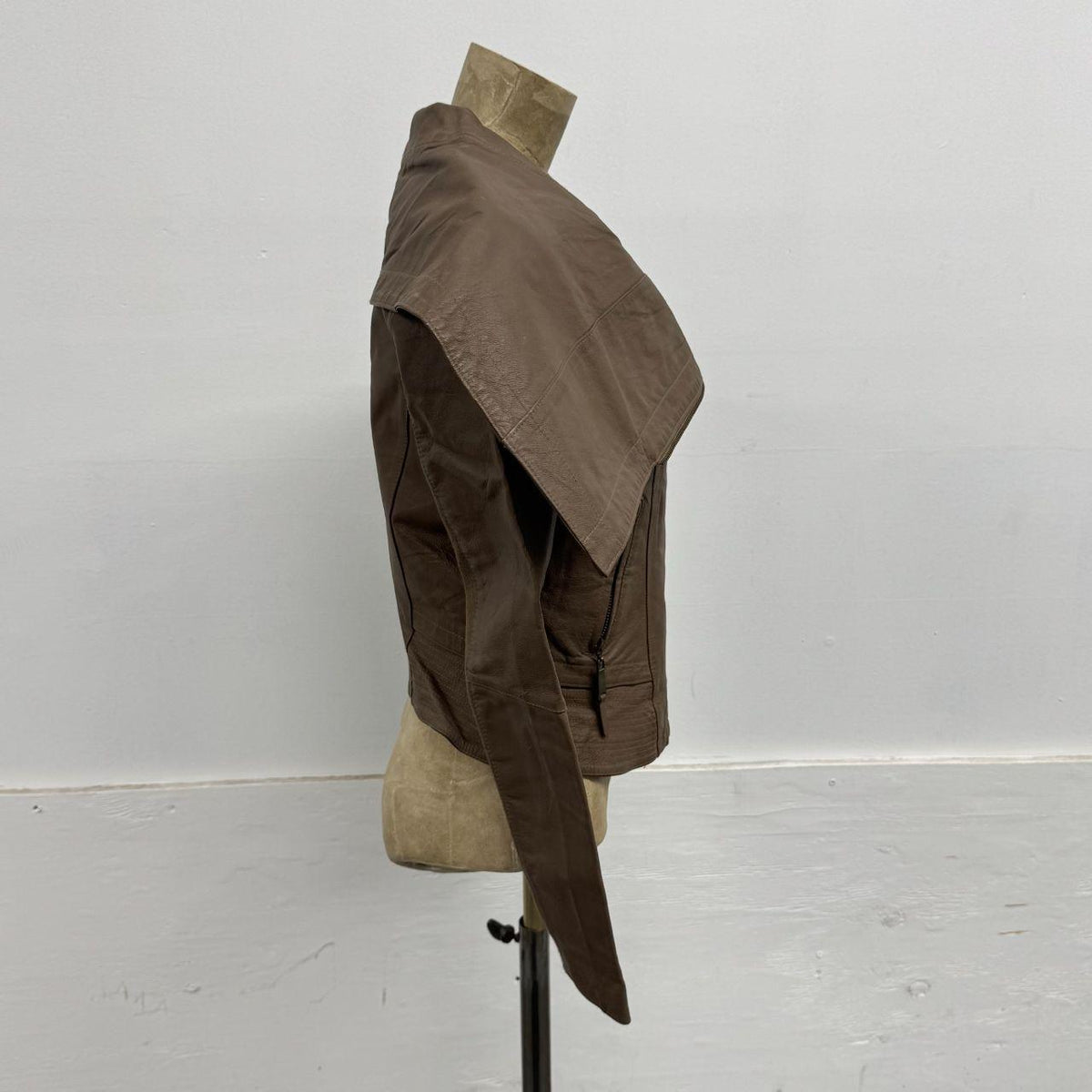 Vintage Brown Funnel Neck Asymmetric Avant Garde Leather Jacket