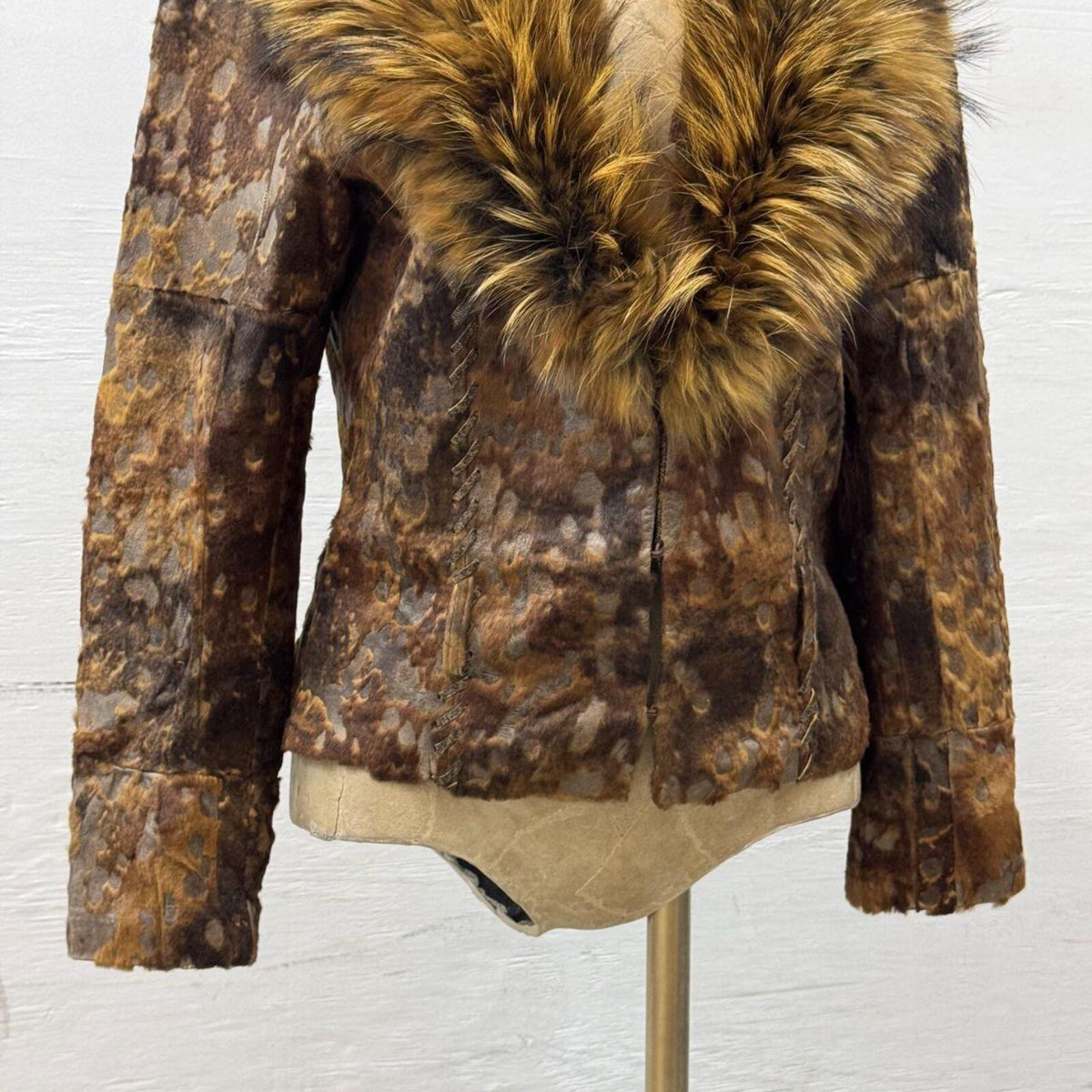 Vintage Y2K Brown Burnout Calfskin & Raccoon Fur Jacket Coat