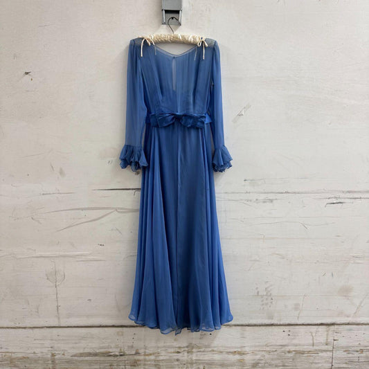 Vintage 60s 70s Helena Barbieri Cornflower Blue Belle Sleeve Gown As-Is