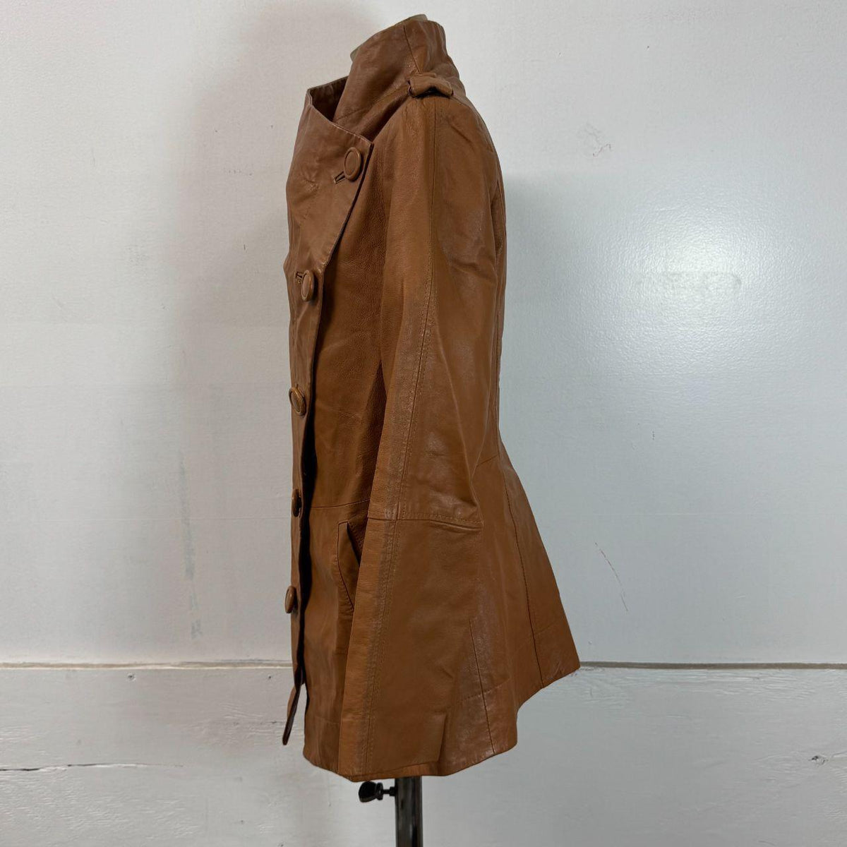 Vintage Tan Funnel Neck Asymmetric Avant Garde Leather Jacket