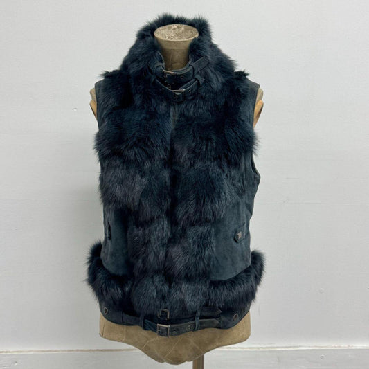 Vintage Y2K Slate Blue Fox Fur & Suede Vest