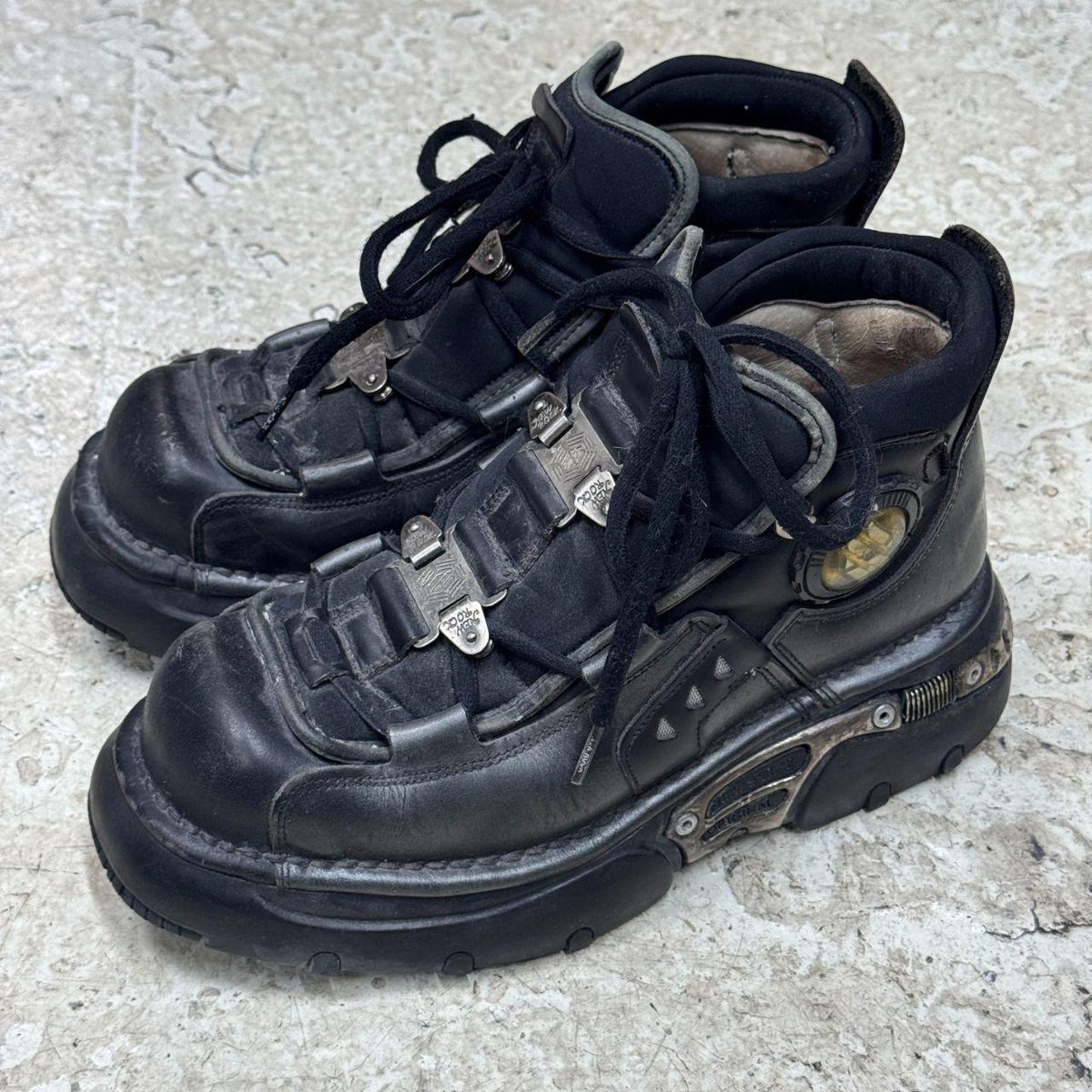 Vintage New Rock Pewter & Black Leather Reactor Platform Sneaker Boots