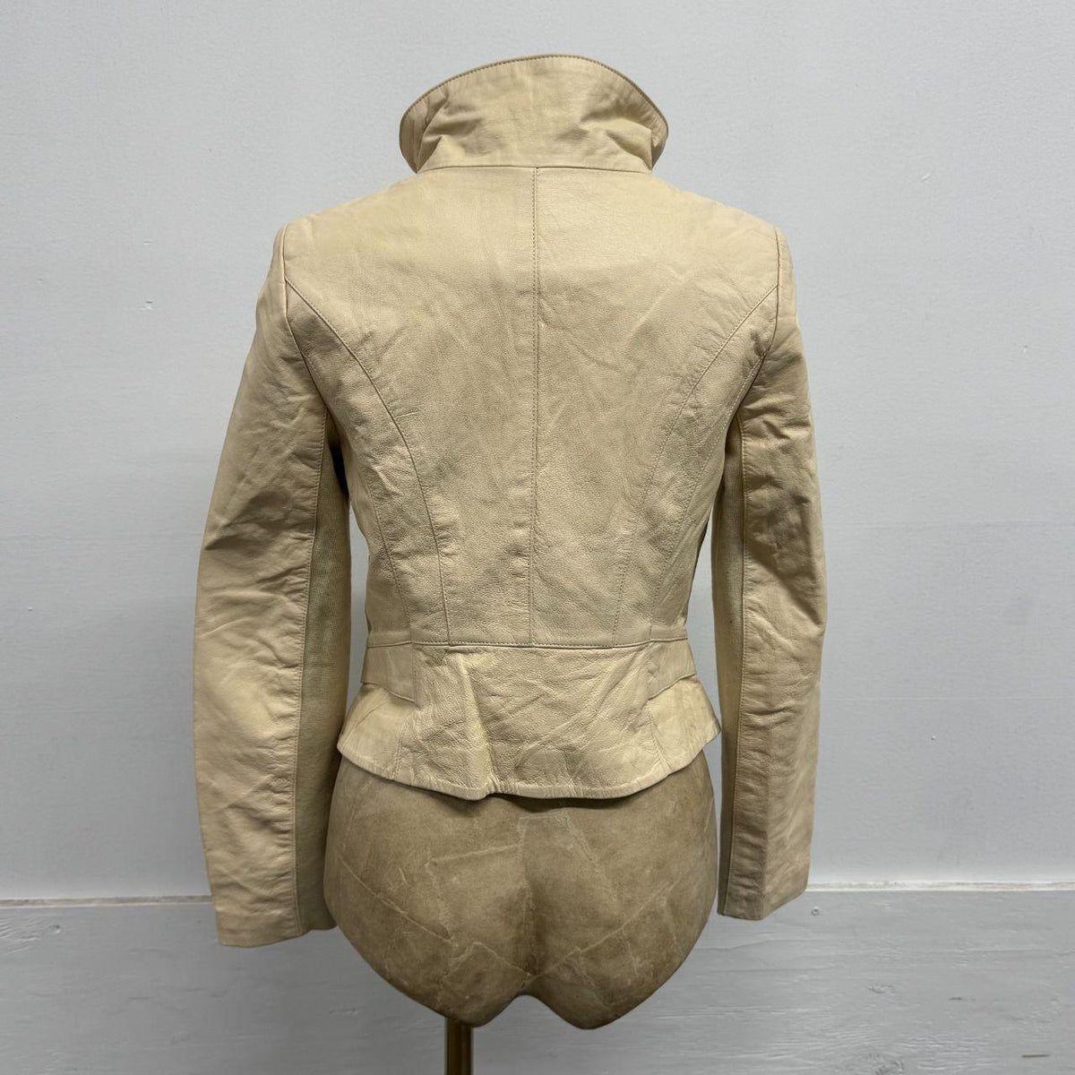 Vintage Cream Funnel Neck Asymmetric Avant Garde Leather Jacket
