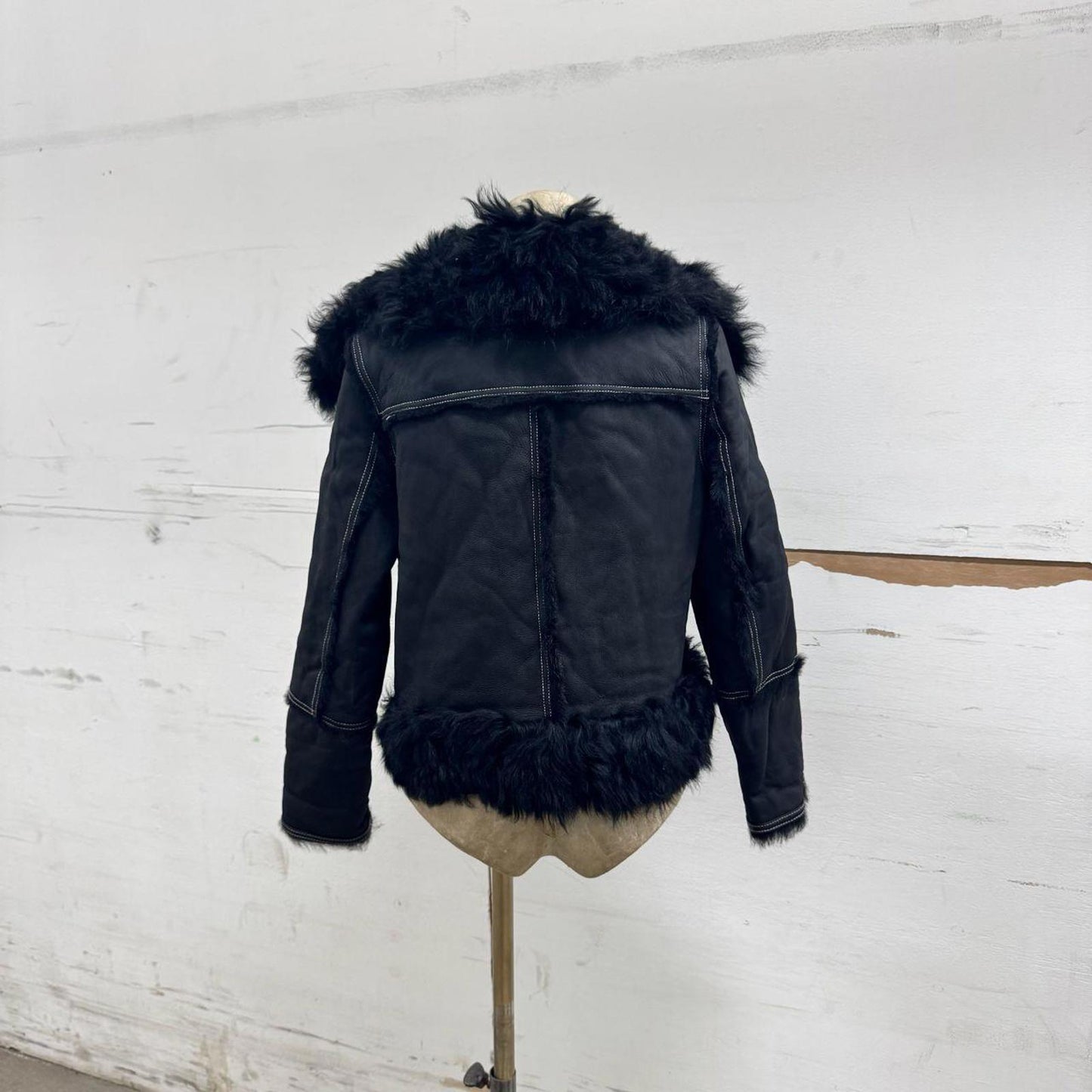 Vintage Black Gold Embellished Leather & Shearling Statement Jacket