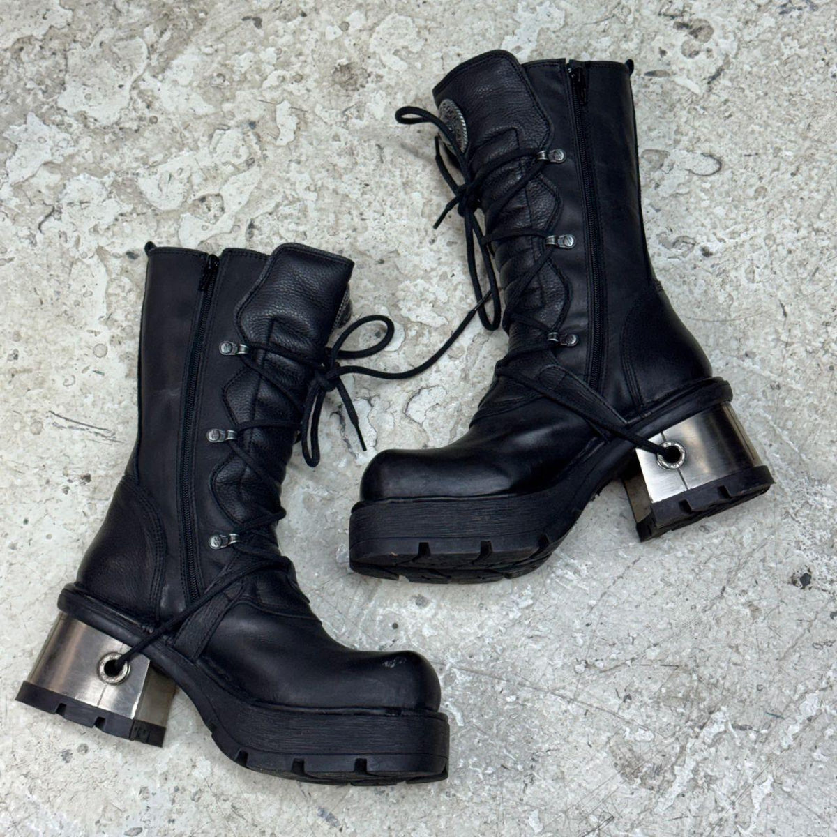 NWT New Rock Black Leather Metal Block Heel Buckle Platform Boots