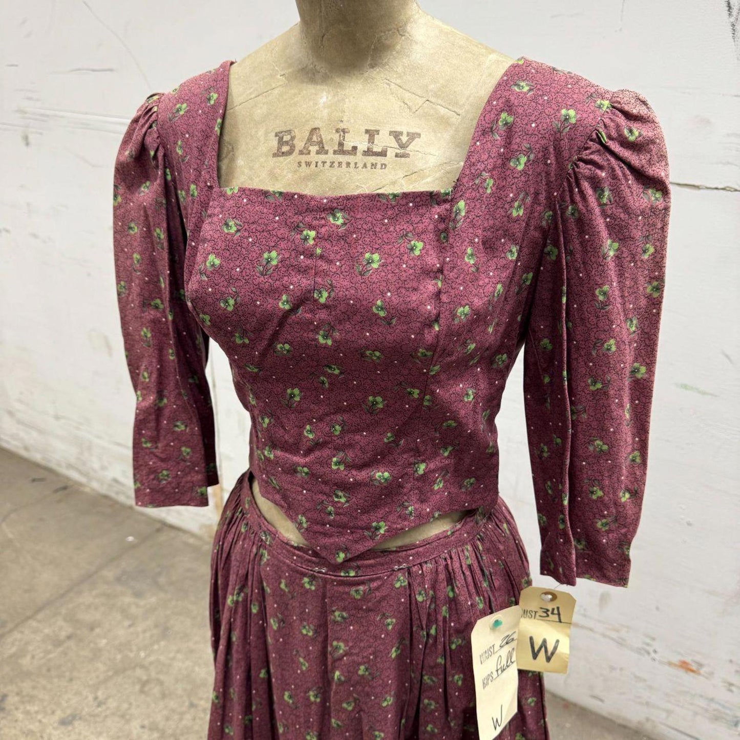 Vintage 50s does 1880s Victorian Burgundy Red Cotton Prairie Gown Film Costume