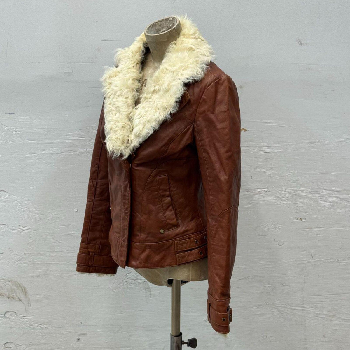Vintage ONLY Detachable Shearling Leather Moto Jacket Cognac Brown