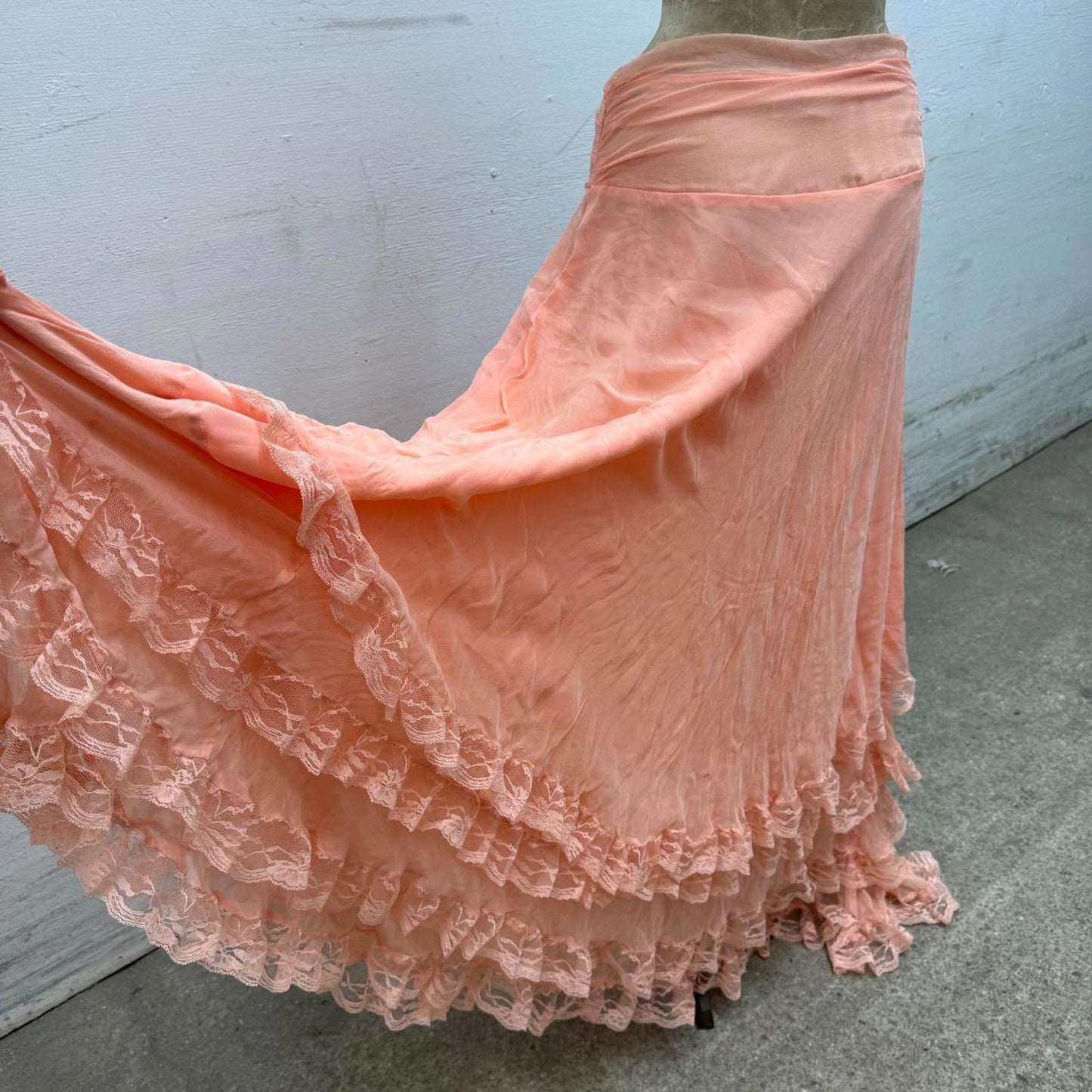 MNG by Zuhair Murad Silk Layered Skirt Y2K Vintage Boho Peach Pink Lace 6 Rare