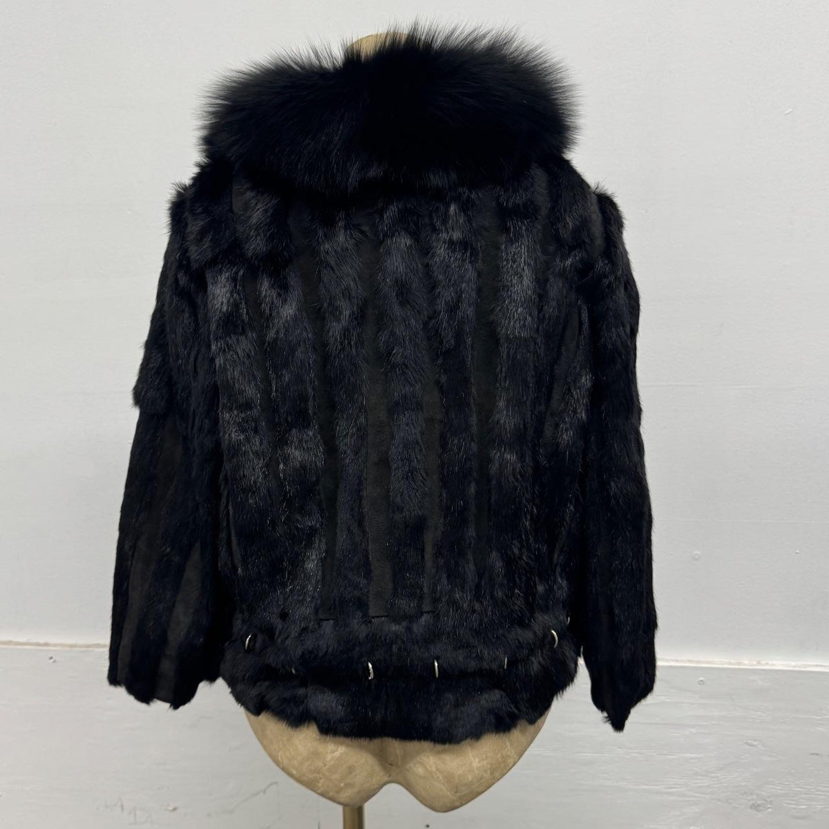 Vintage Y2K Black Rabbit & Fox Fur Pierced Jacket Coat