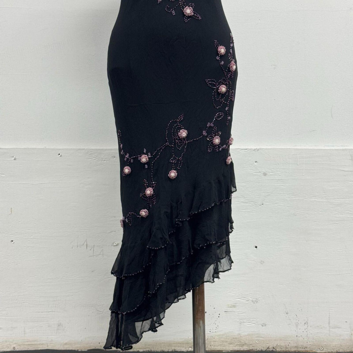 Vintage Y2K I.C.E. 3D Beaded Floral Black Silk Midi Dress
