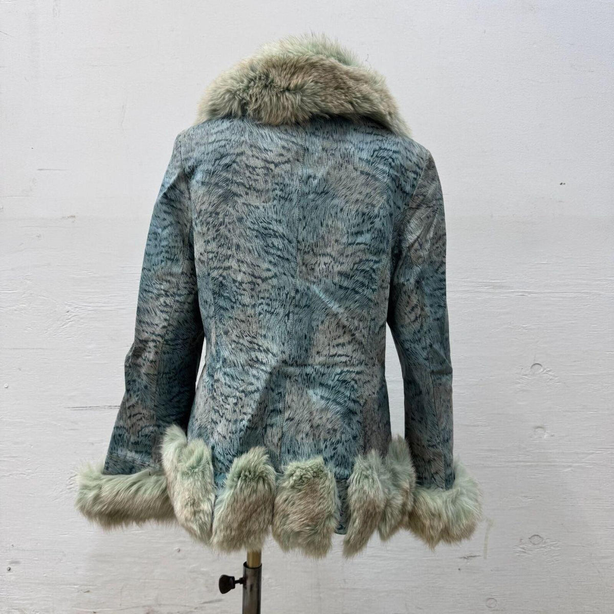 Vintage Y2K Blue Seafoam Fox Fur & Leather Jacket Coat