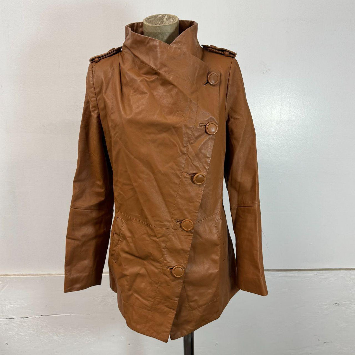 Vintage Tan Funnel Neck Asymmetric Avant Garde Leather Jacket
