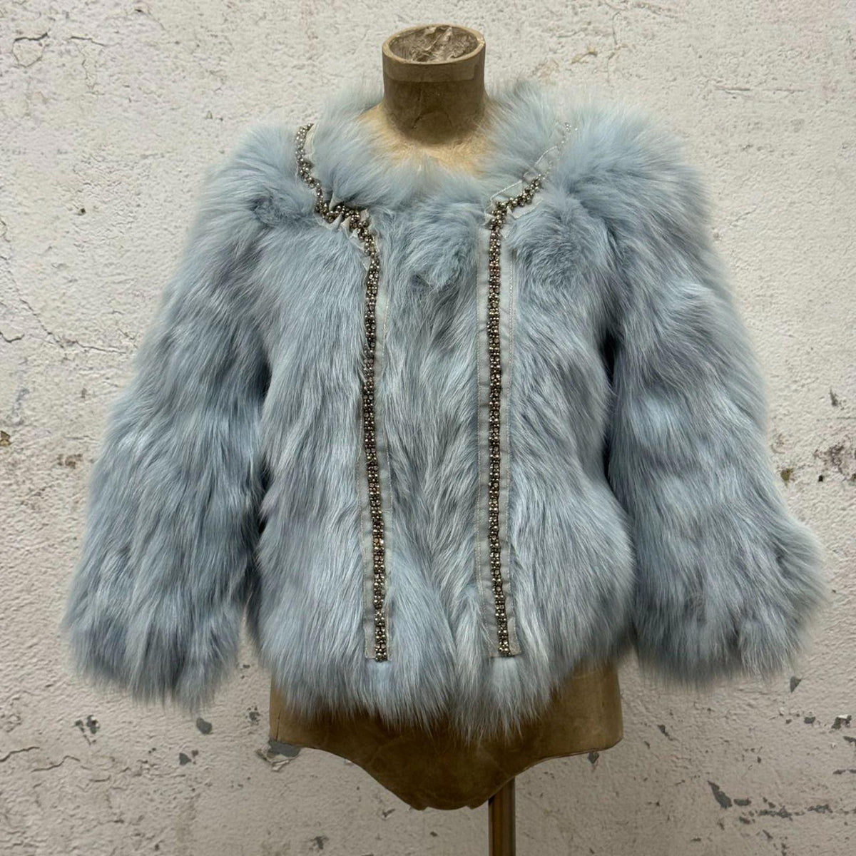 Vintage Y2K Beaded Ice-Blue Fox Fur Cropped Jacket Coat