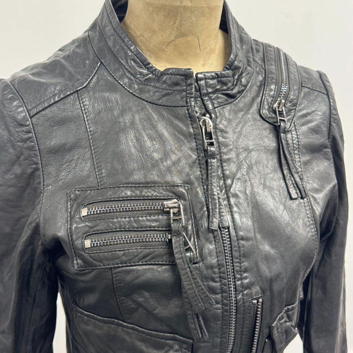 Vintage Black Multi-Zip Cargo Lambskin Leather Moto Jacket