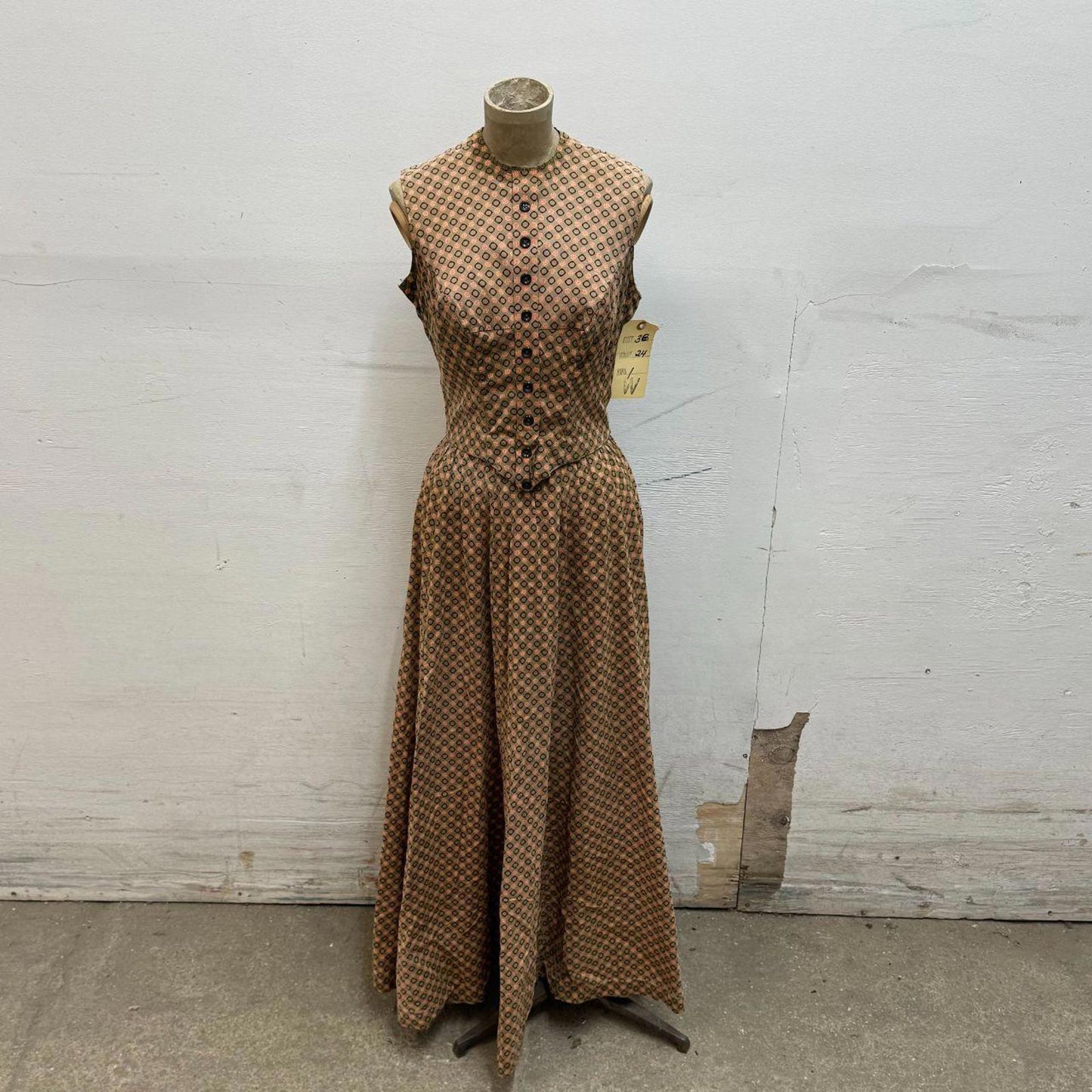 Vintage 1950s Studio-Made Tan Geometric Western Prairie Dress Movie Costume XS