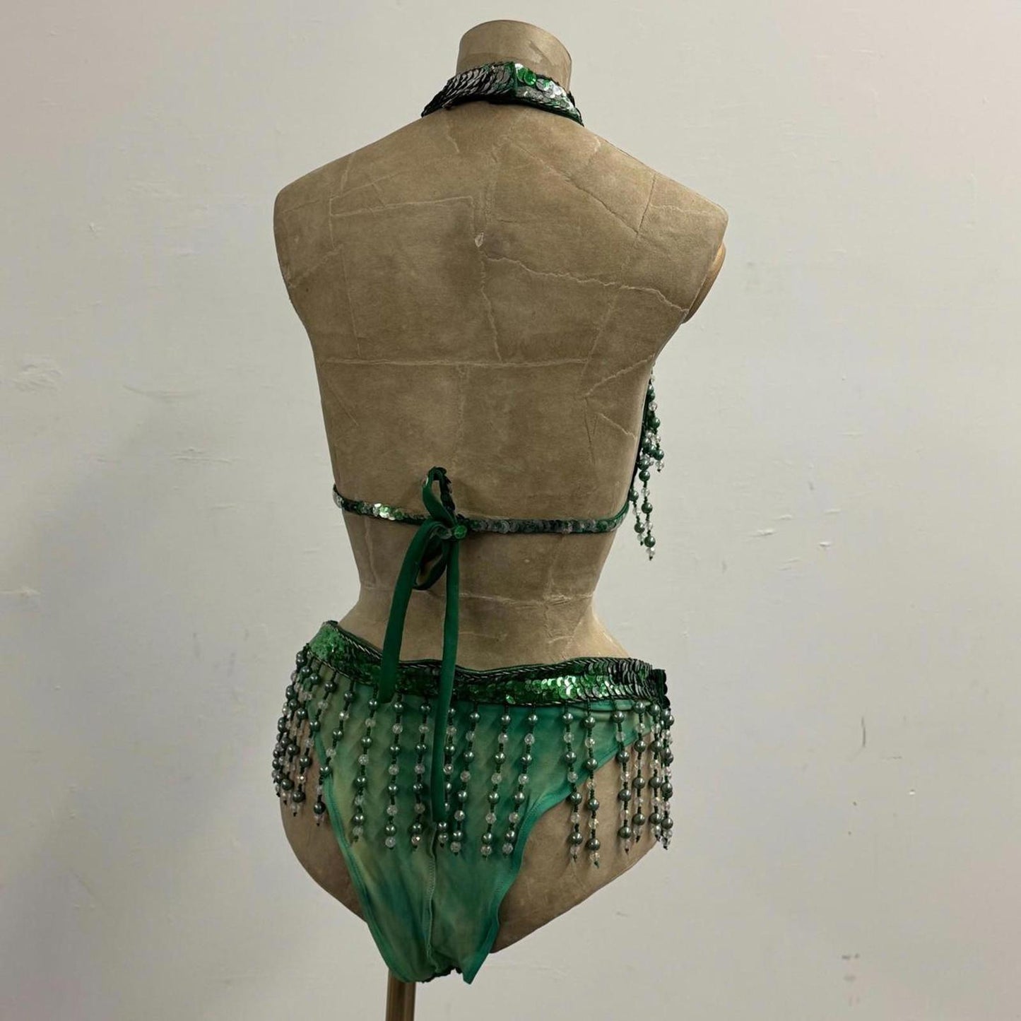 Vintage Green Sequin Showgirl Costume Set – Bra + Belt/Briefs Beaded Fringe