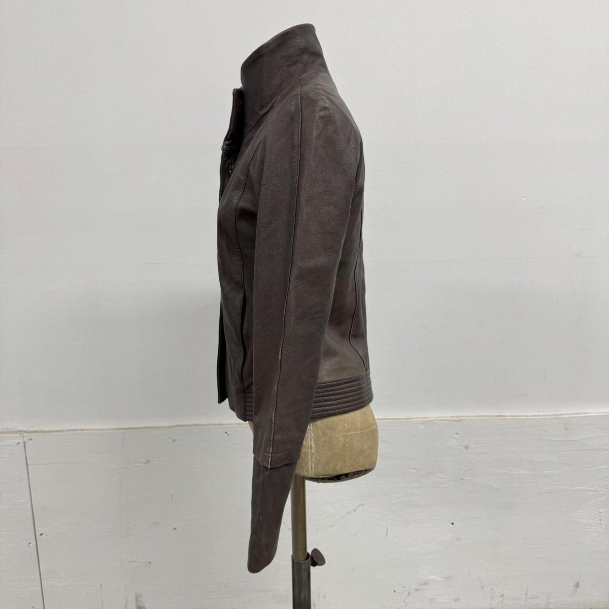 Vintage Grey-Brown Funnel Neck Avant Garde Leather Jacket