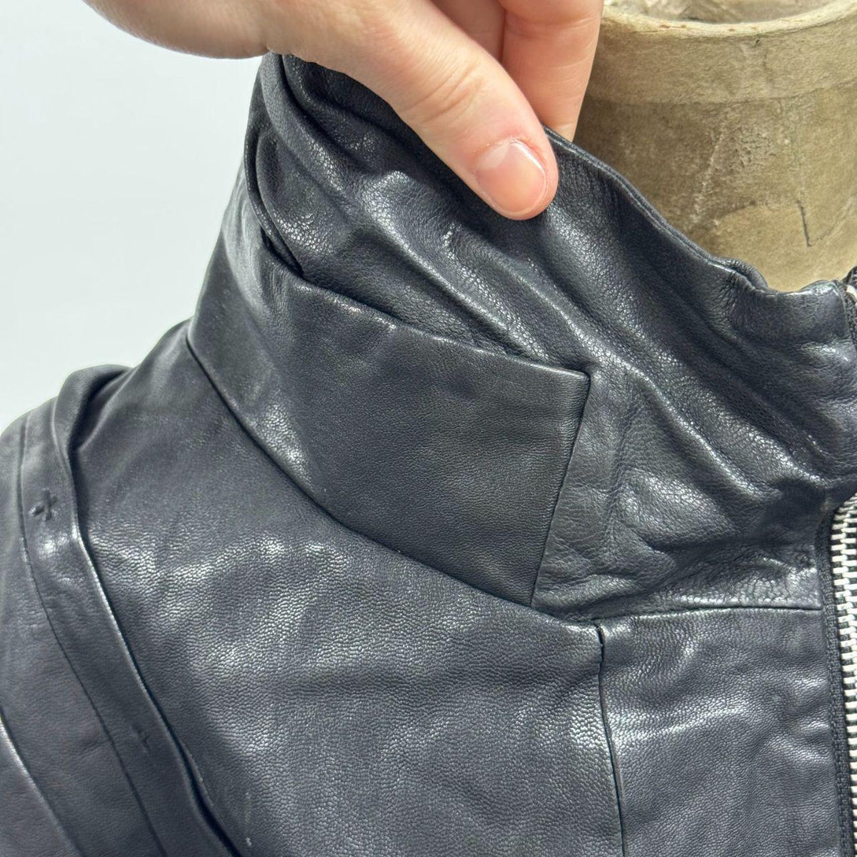Vintage Black Funnel Neck Asymmetric Avant Garde Leather Jacket