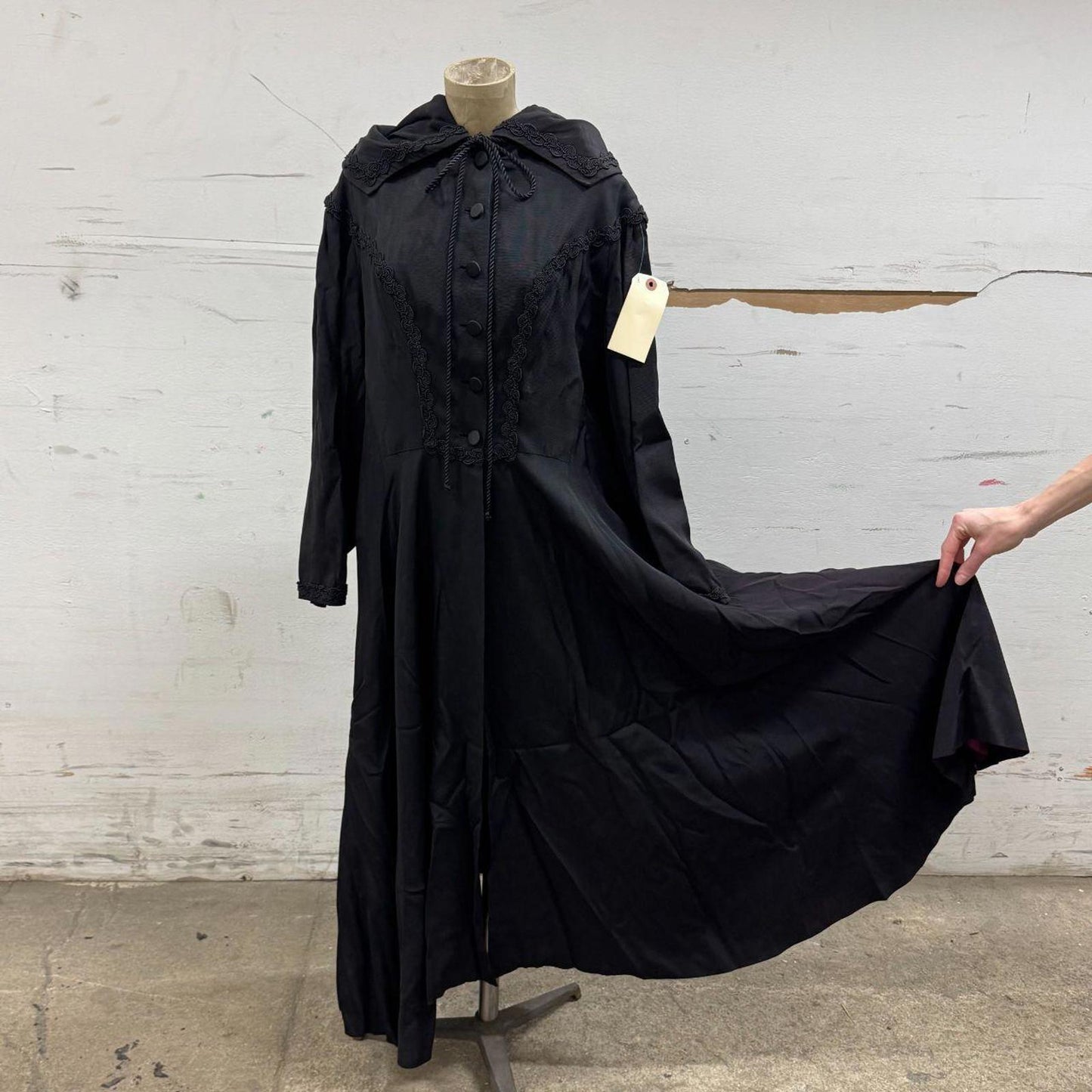 Vintage 50s Black Hooded Victorian Style Cloak Trench Coat