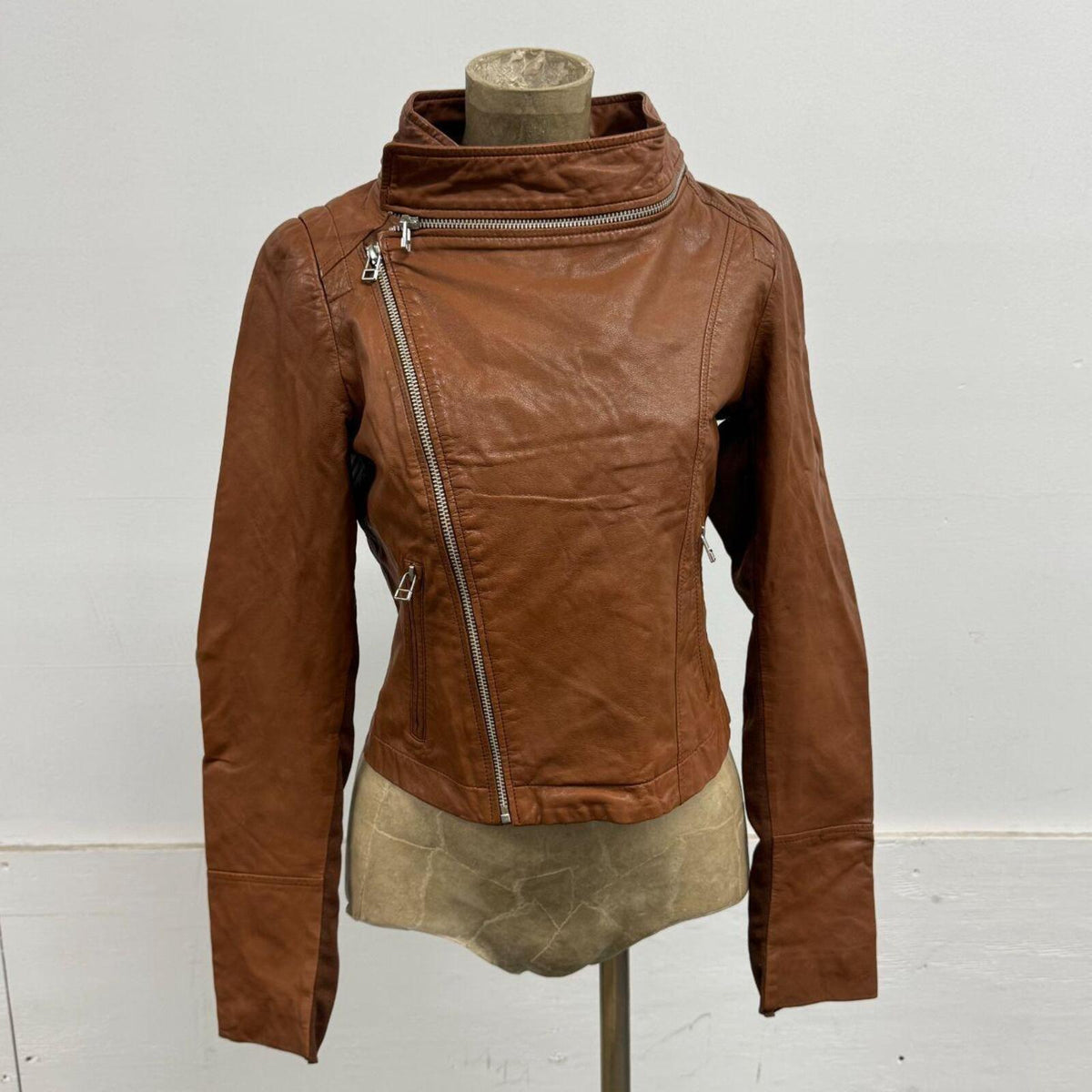 Vintage Tan Brown Funnel Neck Asymmetric Avant Garde Leather Jacket