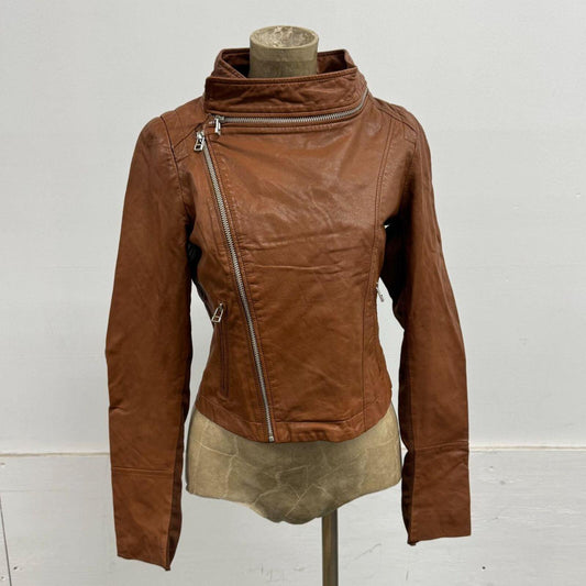 Vintage Tan Brown Funnel Neck Asymmetric Avant Garde Leather Jacket