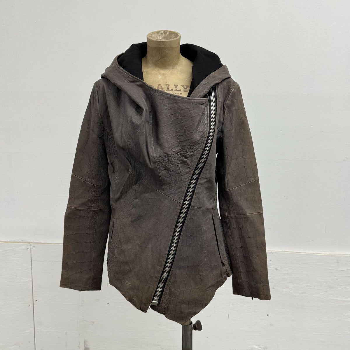 Vintage Grey Draped Embossed Asymmetric Avant Garde Leather Jacket