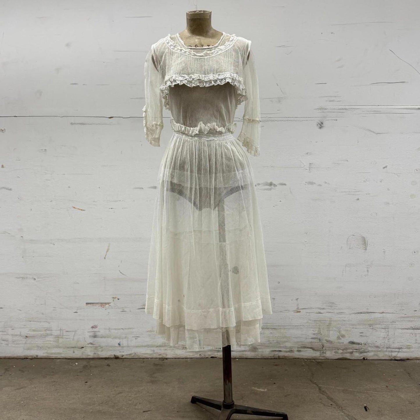 Edwardian Vtg 1910s White Lace Tulle Lingerie Dress Antique