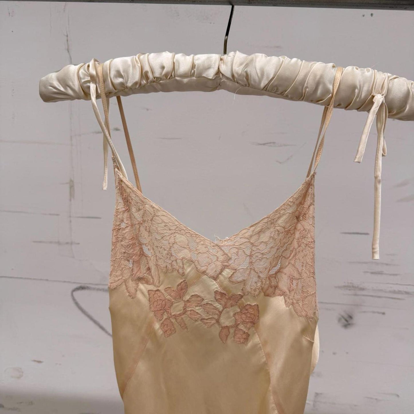 Vintage 1930s Cream Silk Satin Slip Dress Bias Cut Floral