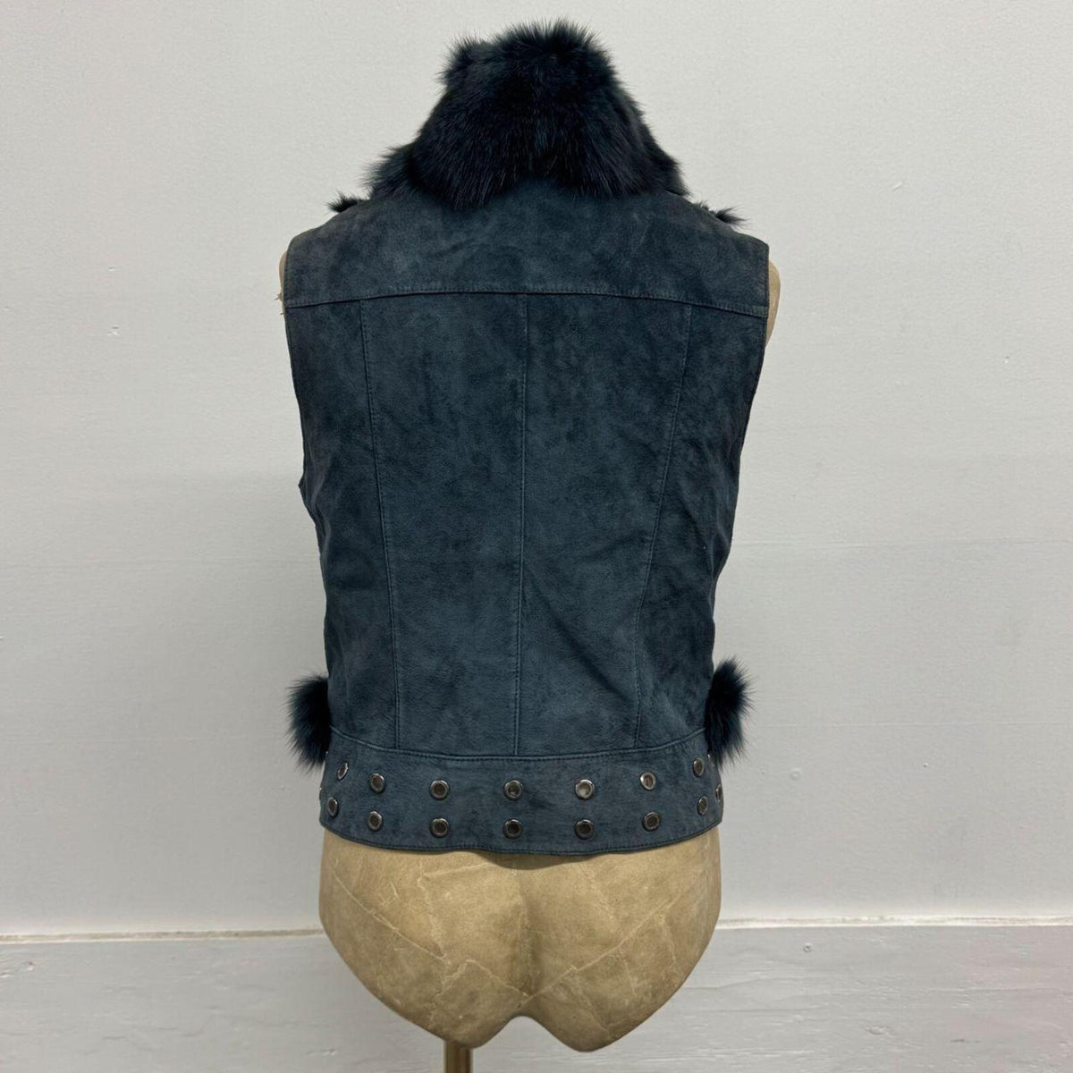 Vintage Y2K Slate Blue Fox Fur & Suede Vest