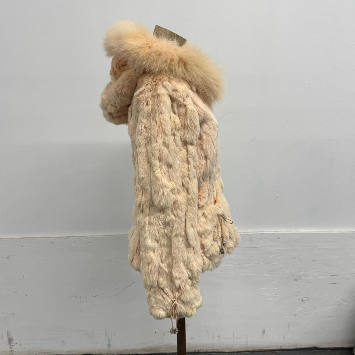 Vintage Y2K Hooded Peach Pastel Pink Rabbit & Fox Fur Jacket Coat
