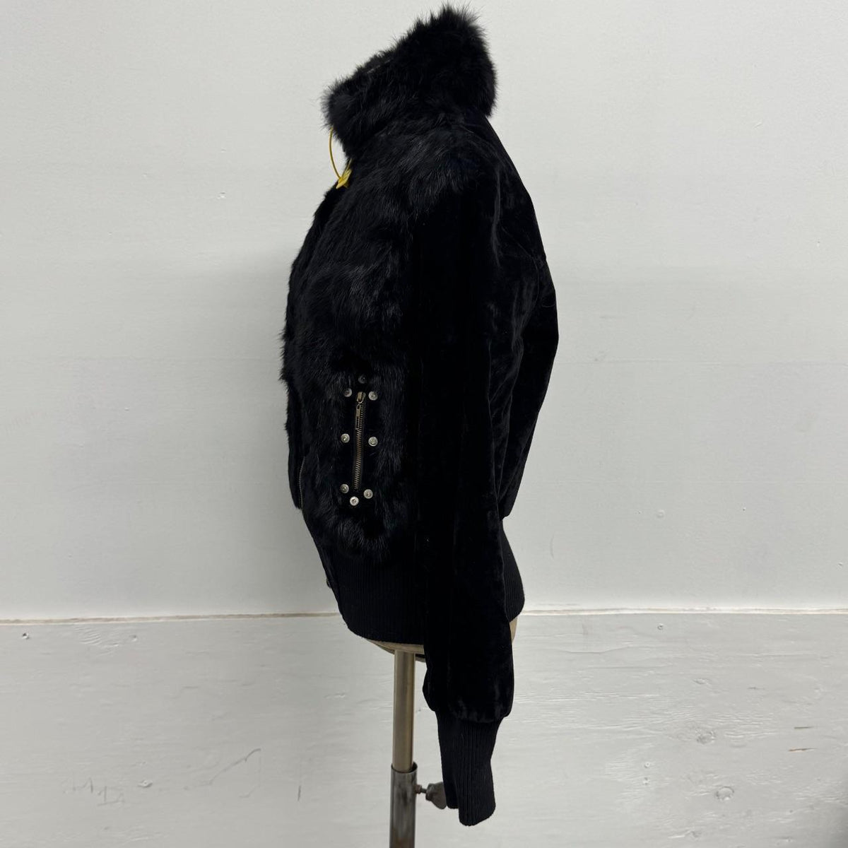 Vintage Y2K Black Plush Rabbit Fur & Velvet Zip-Up Bomber Jacket