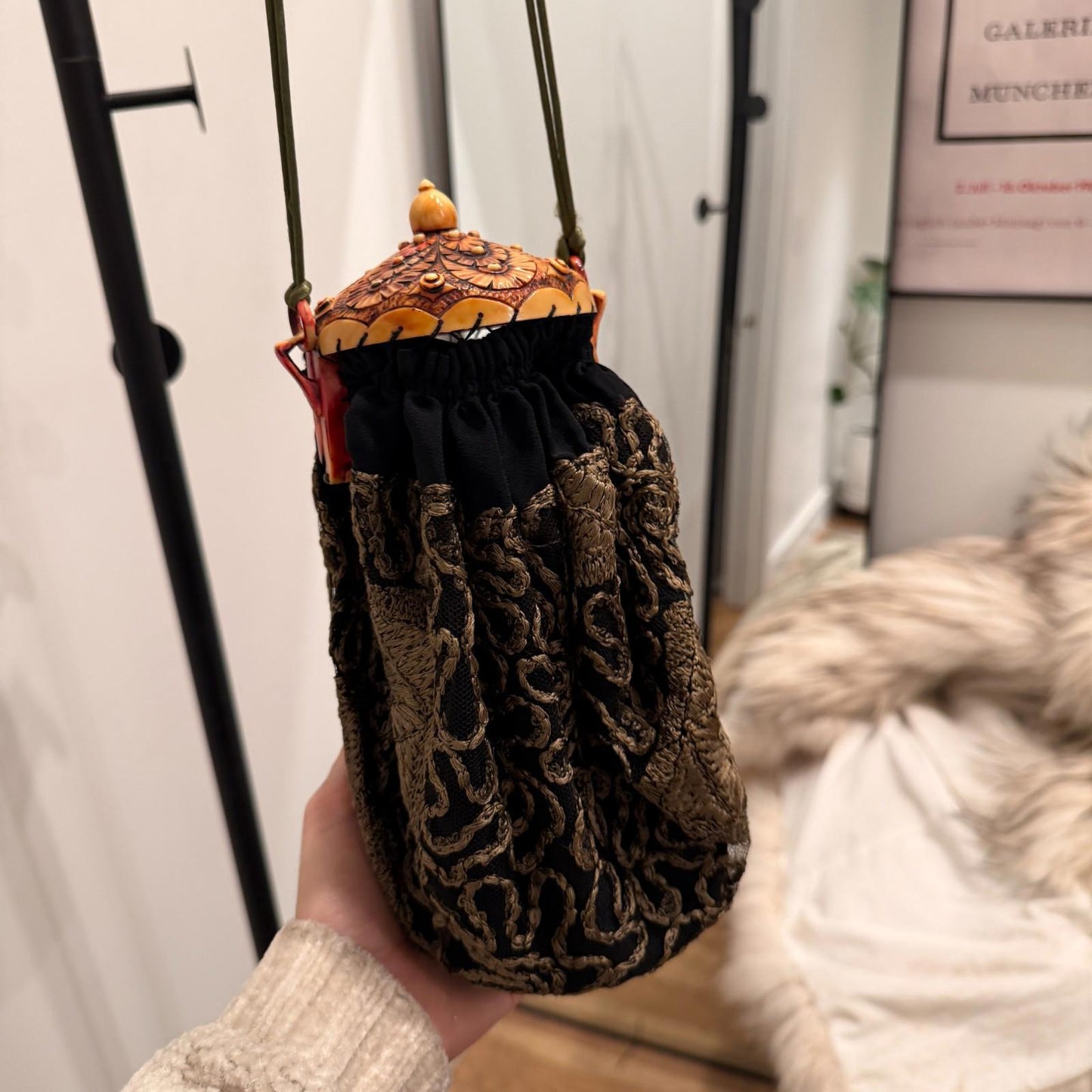 Pristine 1920s Antique Flapper Purse Carved Celluloid Frame