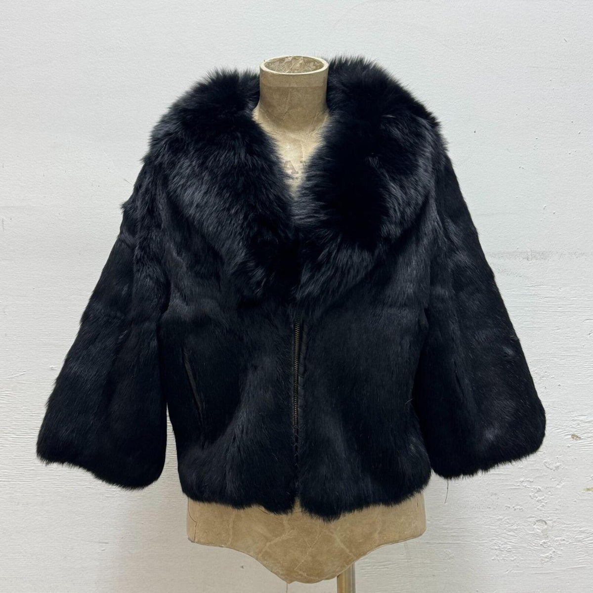 Y2K Vintage Black Rabbit & Fox Fur Jacket Whipstitch Detail Coat
