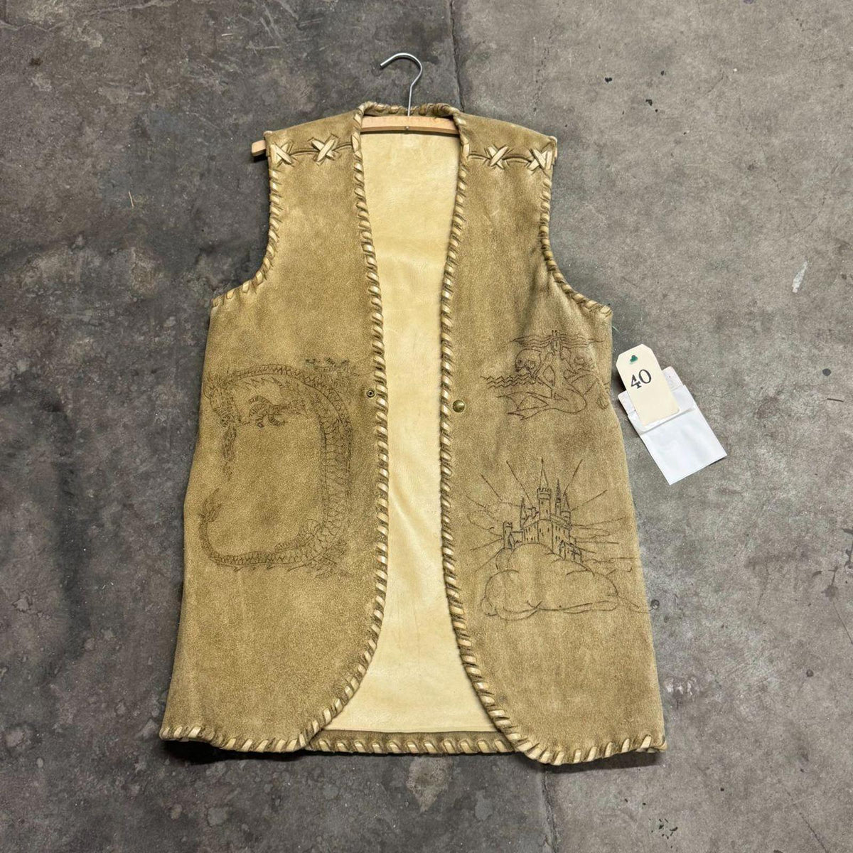 Vintage 60s 70s Suede Buckskin Western Film Costume Vest Stenciled Whipstitch