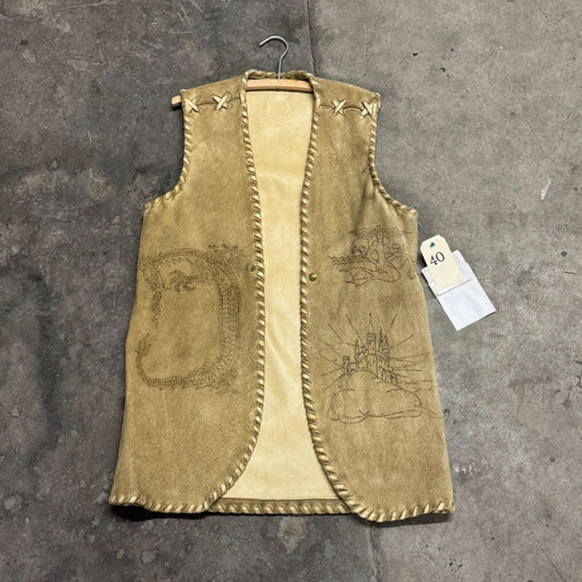 Vintage 60s 70s Suede Buckskin Western Film Costume Vest Stenciled Whipstitch