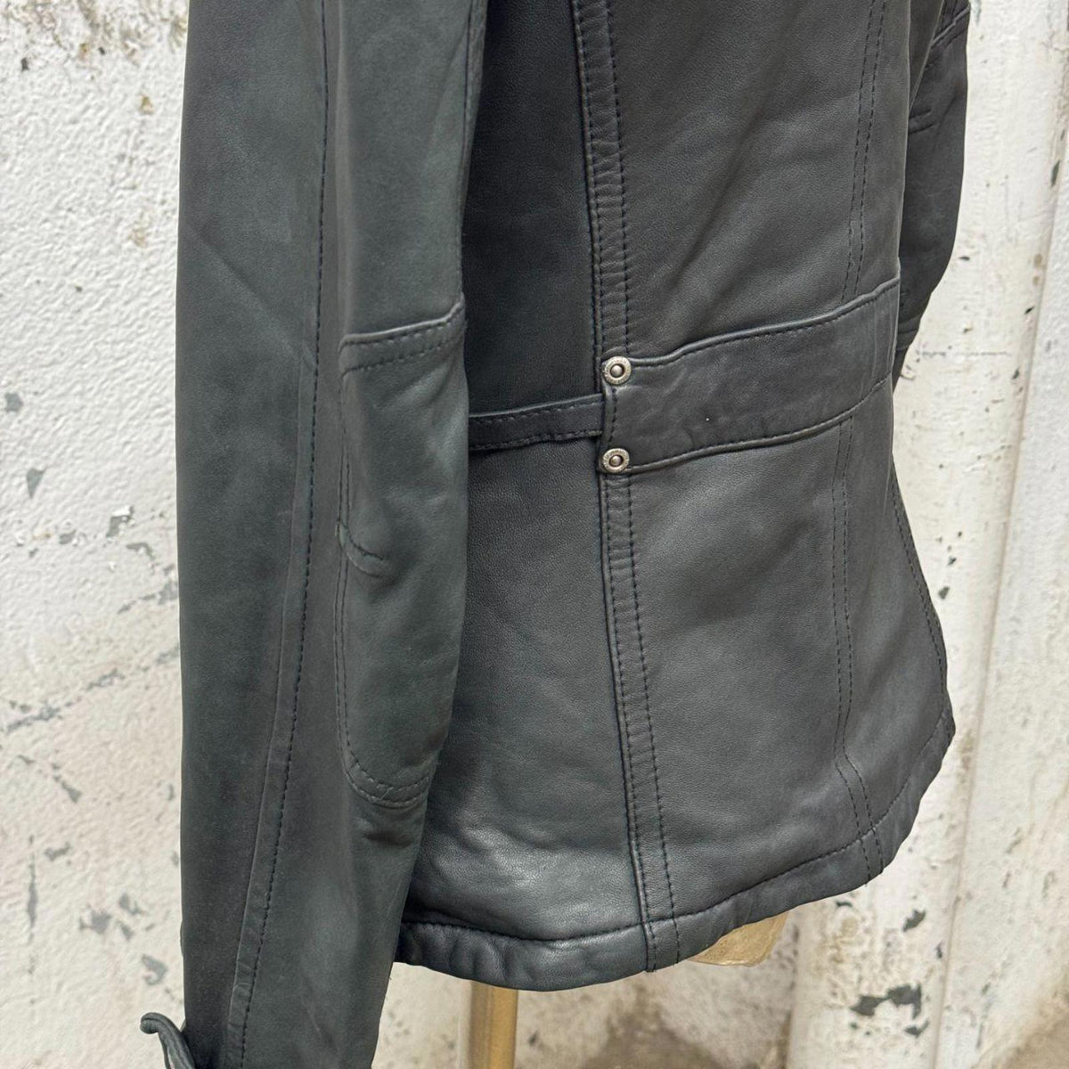 Vintage Technical "Cyber-Cargo" Funnel Neck Genuine Leather Jacket Black